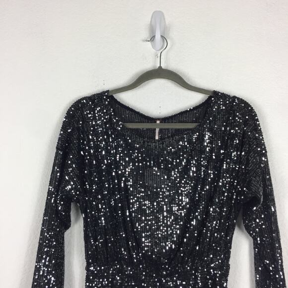 NWT Free People Gisele Sequin Mini Dress Black Silver Off Shoulder Cocktail - Picture 4 of 15